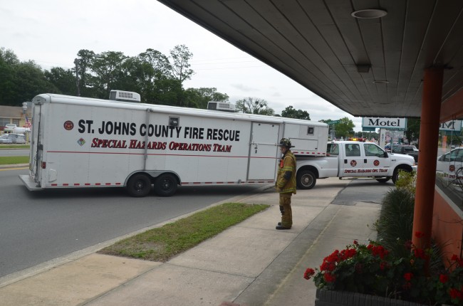 The St. Johns HazMat unit arrived at the Budget Motel at 1:24 p.m. (c FlaglerLive)