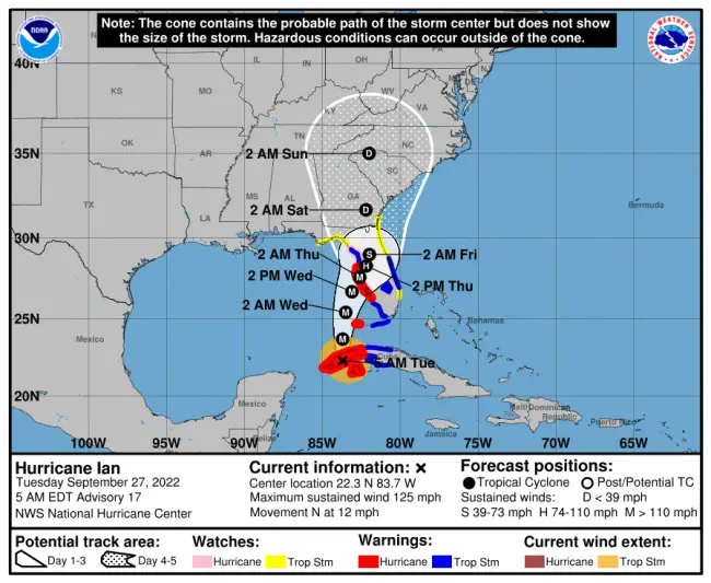 Flagler County is now entirely in the three-day cone of probability as Hurricane Ian approaches the Florida coast from the west. The path above was the projection as of 5 a.m. Tuesday. 