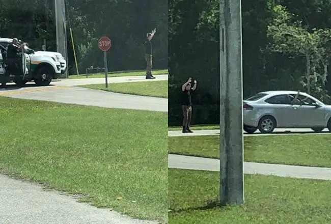Two images from the felony traffic stop off Pine Lakes Parkway shortly before 4 p.m. today. (c FlaglerLive)