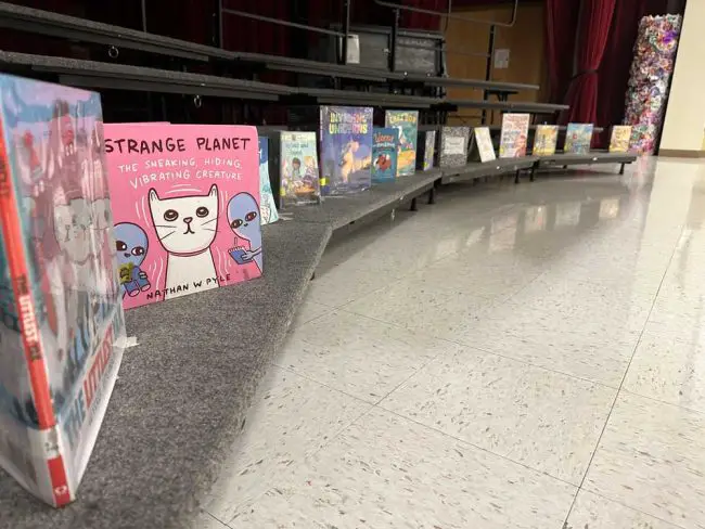 The 15 books on the Florida's Sunshine State Young Readers Award program's list this year for students in kindergarten through second grade. Tahan had arrayed them on the stage at the Rymfire Elementary cafeteria ahead of the Battle of the Books. (© FlaglerLive)