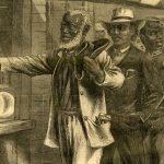 This illustration titled "The First Vote" shows African American men, dressed according to their profession, lined up to vote, a right later granted to them by the Fifteenth Amendment in 1870.