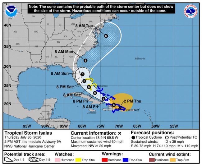 Tropical Storm Isaias's path according to Thursday's 2 p.m. update.