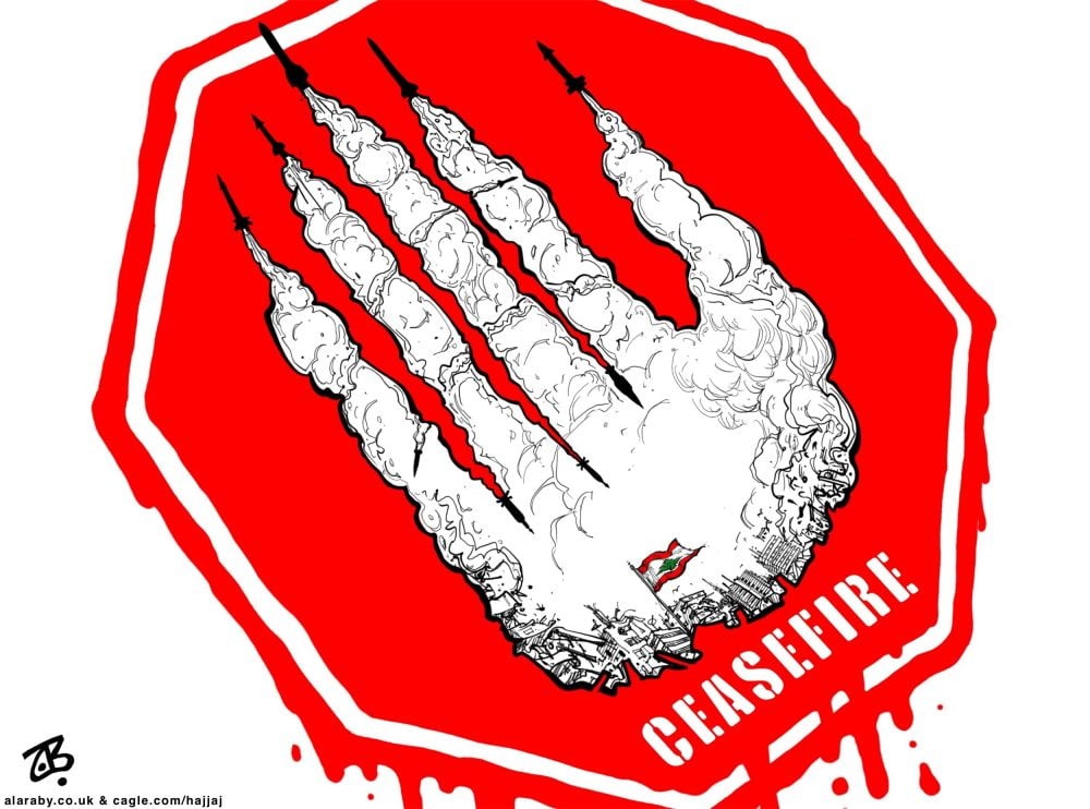 Lebanon Under Israel Bombing Ceasefire Stop Sign by Emad Hajjaj, Alaraby Aljadeed newspaper , London