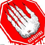 Lebanon Under Israel Bombing Ceasefire Stop Sign by Emad Hajjaj, Alaraby Aljadeed newspaper , London