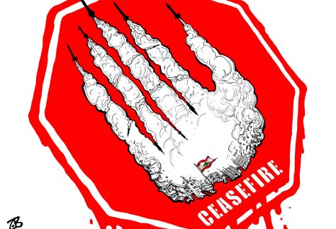 Lebanon Under Israel Bombing Ceasefire Stop Sign by Emad Hajjaj, Alaraby Aljadeed newspaper , London
