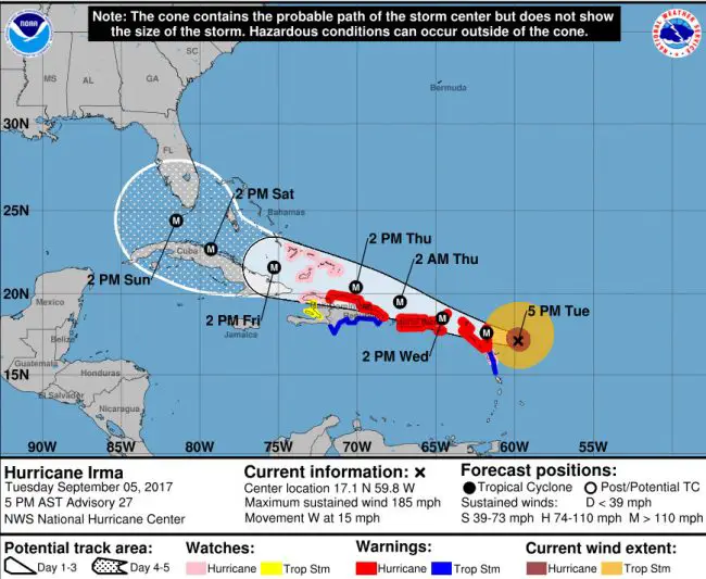 Hurricane Irma's track as of 5 p.m. Tuesday, Sept. 5. Click on the image for larger view.
