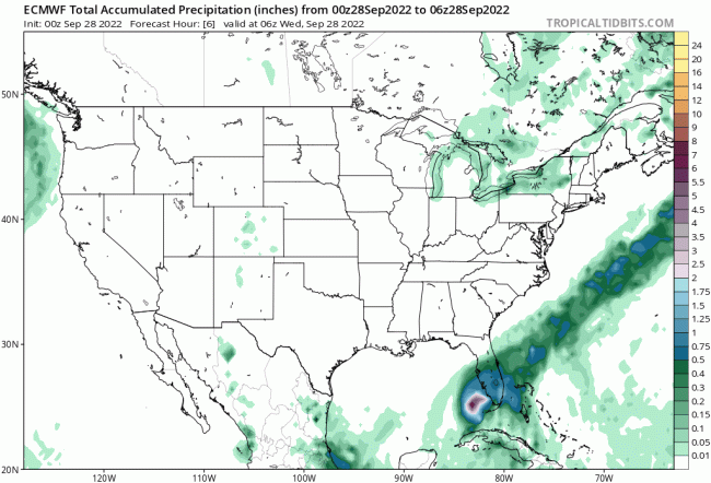 Rain accumulation from Hurricane and Tropical Storm Ian over the next three days over the Florida Peninsula. (Tropical Tidbits)