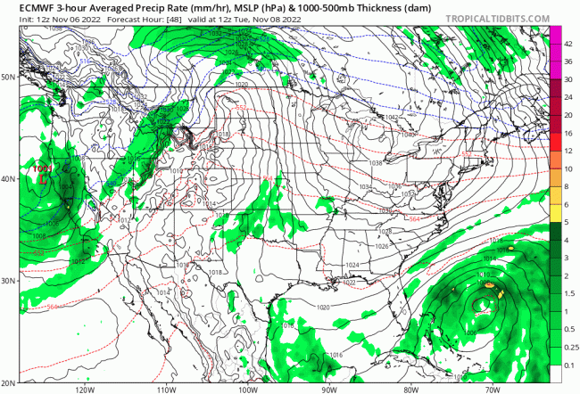 An animated time-lapse of the European model's path of the storm from Tuesday to Saturday. The forecast was as of the afternoon of Nov. 6. (Tropical Tidbits)