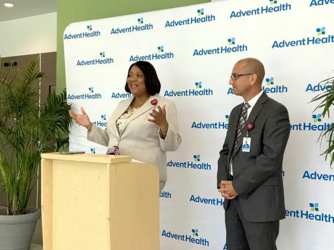 Audrey Gregory, president/CEO of AdventHealth Central Florida Division – North Region, and Wally De Aquino, president/CEO of AdventHealth Palm Coast Parkway, addressed area media during a tour of the new facility on Tuesday July 25. (© FlaglerLive)