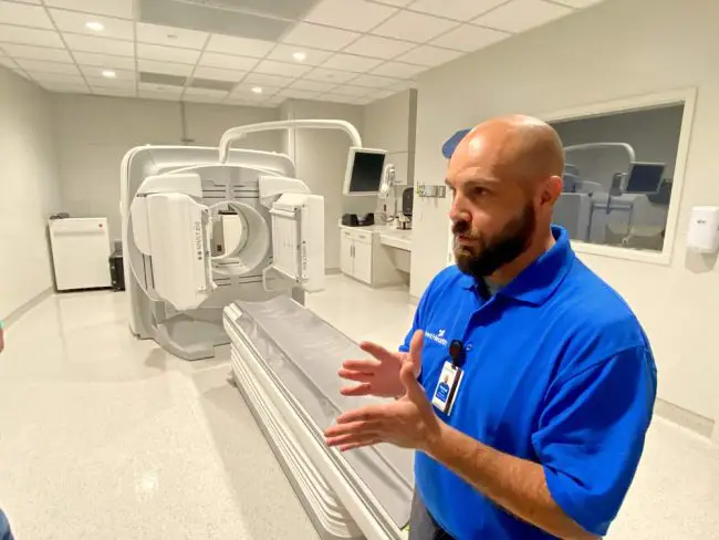 Michael White, Manager of Diagnostic Imaging at AdventHealth Palm Coast Parkway, explains some of the protocols used in the hospital’s nuclear medicine wing. (© FlaglerLive)
