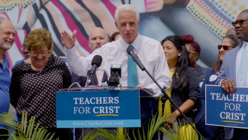 U.S. Rep. Charlie Crist receives endorsement from Florida teachers at a Miami press conference on May 31, 2022. (Charlie Crist’s Facebook)