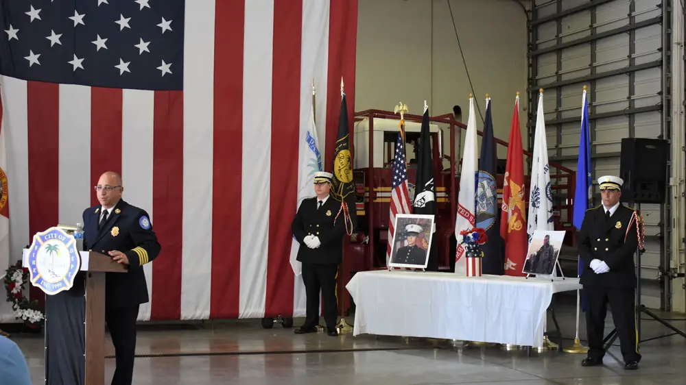 Palm Coast Fire Chief Jerry Forte speaking at the dedication in honor of Marine Sergeant Zachary J. Walters, killed on June 8, 2010 while on patrol in the Helmand Province of Afghanistan. He was a graduate of Flagler Palm Coast High School, Class of 2005. (Palm Coast)