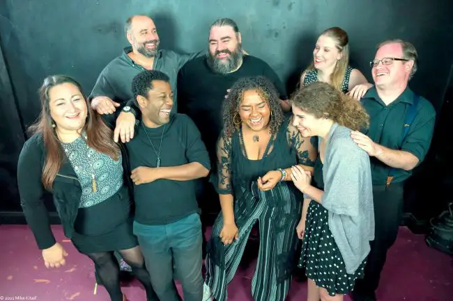 The cast of City repertory Theatre’s production of “All in the Timing” includes, front from left: Marisa Glidden, Brent Jordan, Phillipa Rose and Anna Hobbs. Back from left: Joshua Childers, Minas Fakrajian, April Whaley and Danno Waddell. (Mike Kitaif)