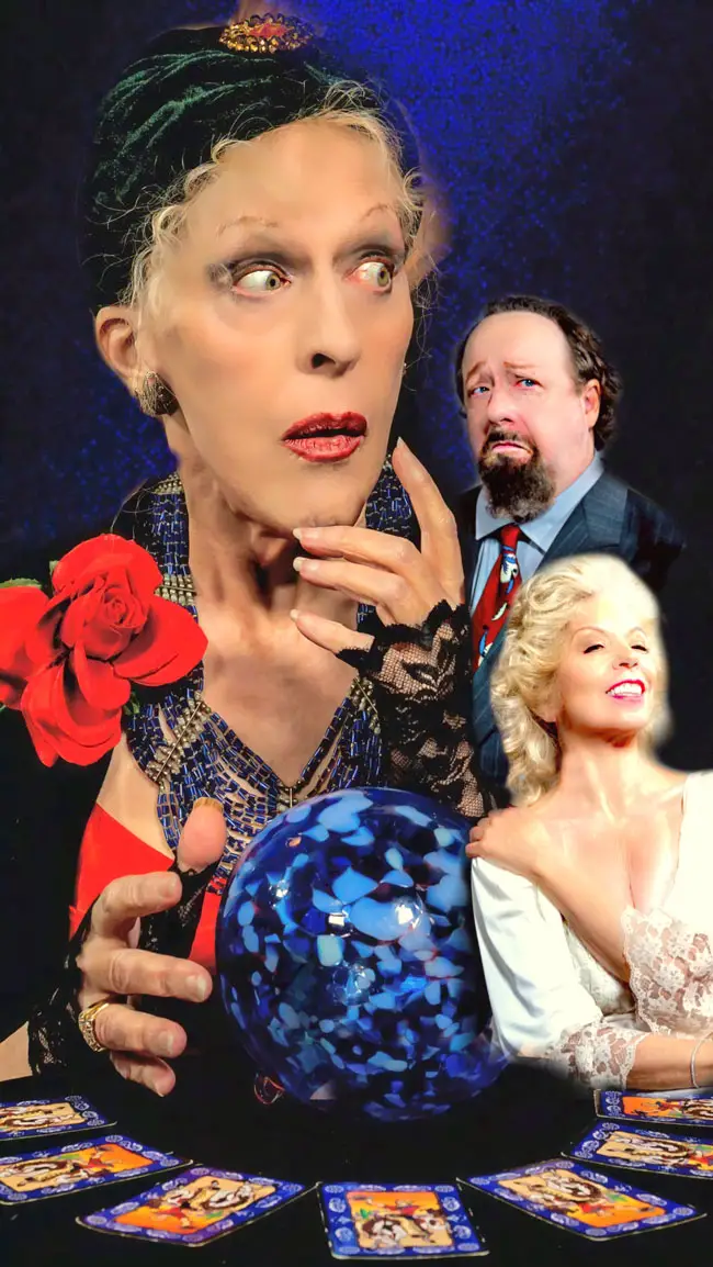 The City Repertory Theatre production of “Blithe Spirit” stars, clockwise from top left: Victoria Page as Madame Arcati, Earl Levine as Charles Condomine and Annie Gaybis as Elvira. Photos by Mike Kitaif, image created by Minas Fakrajian and Angela Young.