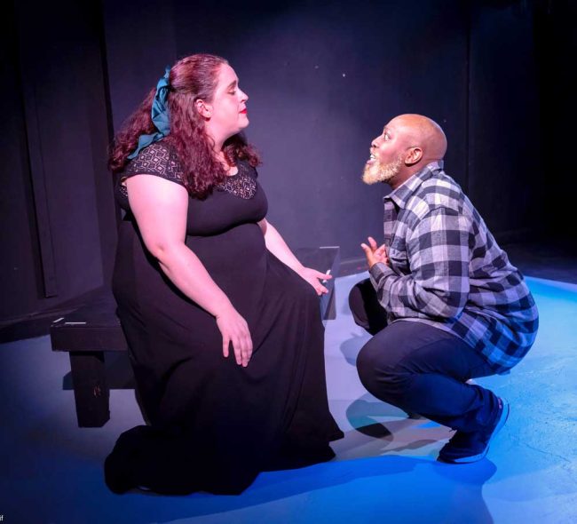 * Kelvin Niebla portrays Roland the beekeeper and Jen Chidekel is Marianne the physicist in the City Repertory Theatre production of “Constellations.” (Mike Kitaif)