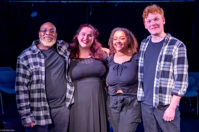 * The cast of City Repertory Theatre’s production of “Constellations” includes, from left: Kelvin Niebla, Jen Chidekel, Phillipa Rose and Austin Kelley. (Mike Kitaif)