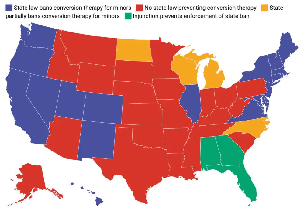 Twenty states have enacted bans on conversion therapy for minors, but that leaves 30 states in which there is only a partial ban or no ban at all.