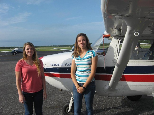 Cora Jo Rand (left) and Gigi Gonzalez at the Flagler County Airport. (Teens in Flight)