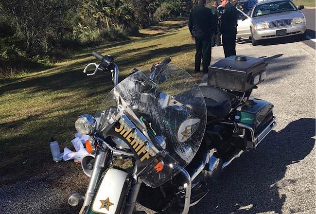 Flagler County Sheriff’s Deputy Wood’s motorcycle after the crash this afternoon. (FCSO)