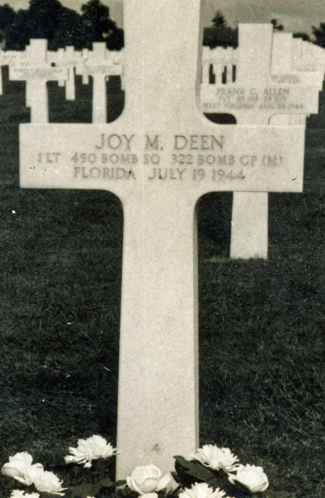 The author’s uncle, Joy Deen, flew his B-26 in support of the D-Day invasion and was killed in action about 6 weeks later on July 19, 1944, when the aircraft he was piloting was hit by flak. The target was a railway bridge at Nantes, crossing the rive Loire. This is his grave stone at the St James Cemetery in Nancy, France. click on the image for larger view. (© Sisco Deen)