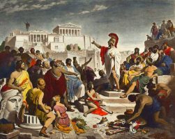 A romantic interpretation of Athenian democracy in a 19th century painting by Philipp Foltz depicting the Athenian politician Pericles delivering his famous funeral oration in front of the Assembly.