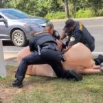 Fairhope police officers arrest a woman dressed in a penis costume in Fairhope, Alabama, on Oct. 18, 2025, during a local “No Kings” protest. Police said Jeana Renea Gamble, 61, was charged with resisting arrest and disorderly conduct, both misdemeanors. Video of the arrest led to widespread criticism of the officers for their actions. (Screenshot via BlueSky)