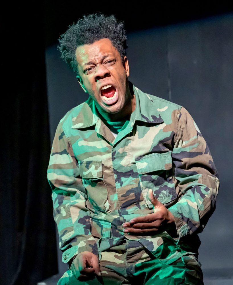 An Army man, portrayed by Brent Jordan, is troubled by the fates of his fellow Black soldiers in “The Colored Museum.” Photo by Mike Kitaif