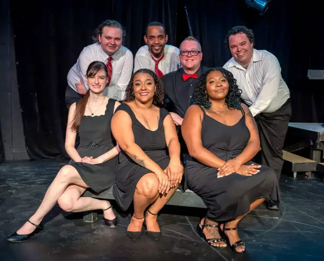 The cast of City Repertory Theatre’s production of “I Love You, You’re Perfect, Now Change” includes, front from left: Elizabeth Post, Philippa Rose and Laniece Fagundes. Back from left: Isaac Jordan, Andre Maybin, music director Ben Beck and Beau Wade. Not pictured is cast member and assistant director Michele O’Neil. (Mike Kitaif)