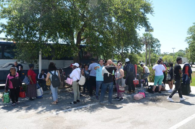 Passengers on the Greyhound bus involved in an onboard fire and a crash with another car got off the bus at a Flagler Plaza convenience store to await a replacement. Several complained of injuries. The bus was on its way to Orlando and Miami. (c FlaglerLive)