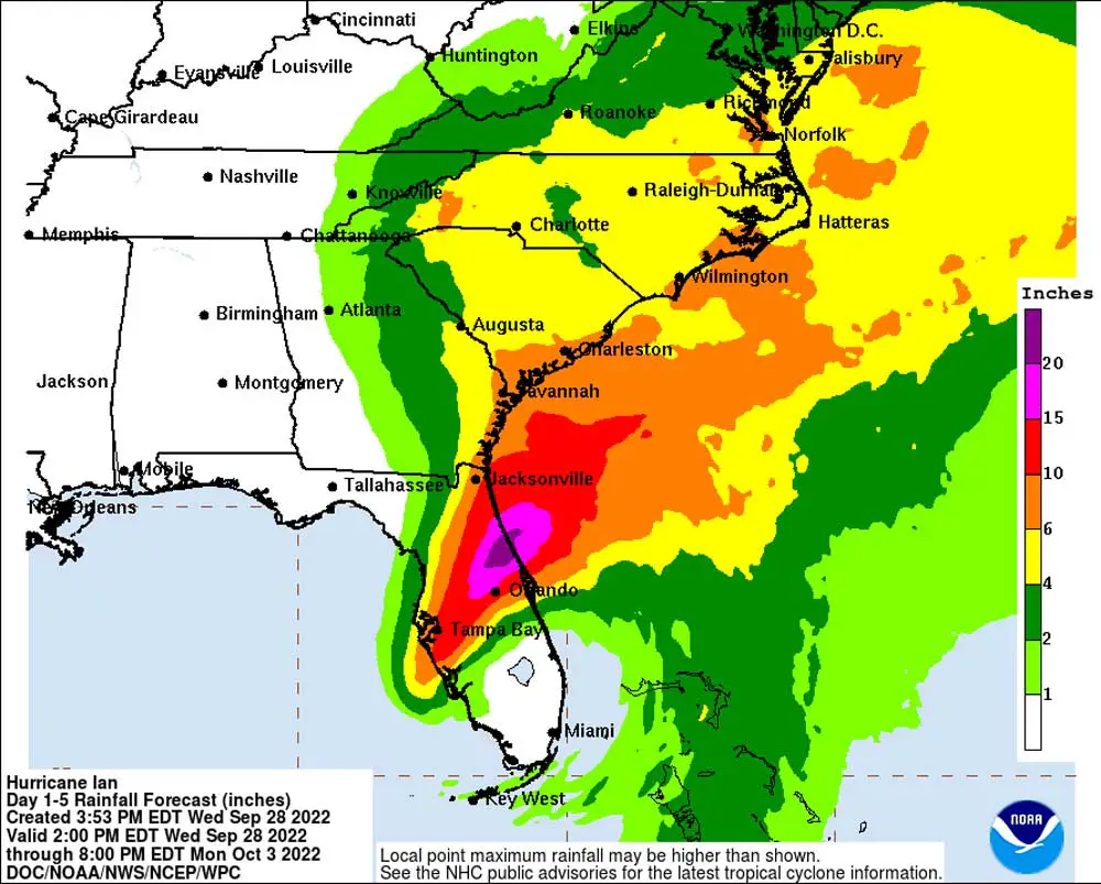 Hurricane Ian's path has shifted very slightly south of Flagler County, but cumulative rain amounts have not because the brunt of the rain is to the north and west of the storm. The county may get up to 20 inches of rain in spots, according to Jonathan Lord, the county's emergency management director. 