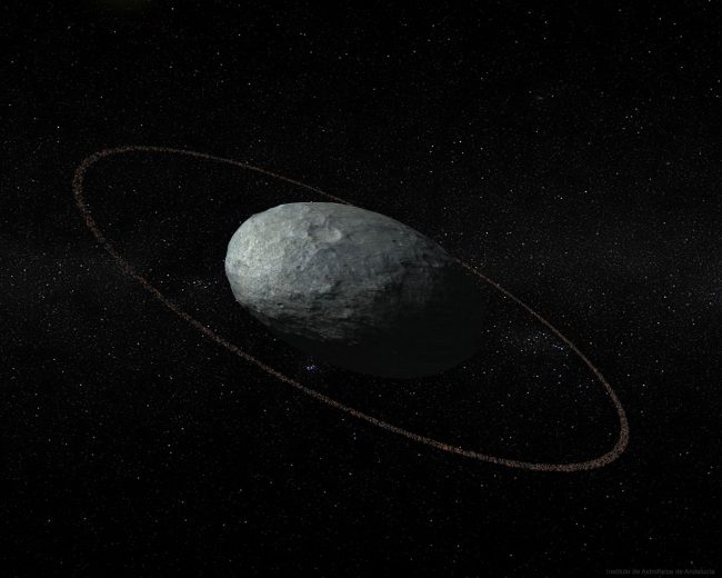 From NASA: 'One of the strangest objects in the outer Solar System has recently been found to have a ring. The object, named Haumea, is the fifth designated dwarf planet after Pluto, Ceres, Eris, and Makemake. Haumea's oblong shape makes it quite unusual. Along one direction, Haumea is significantly longer than Pluto, while in another direction Haumea has an extent very similar to Pluto, while in the third direction is much smaller. Haumea's orbit sometimes brings it closer to the Sun than Pluto, but usually Haumea is further away. Illustrated above, an artist visualizes Haumea as a cratered ellipsoid surrounded by a uniform ring. Originally discovered in 2003 and given the temporary designation of 2003 EL61, Haumea was renamed in 2008 by the IAU for a Hawaiian goddess. Besides the ring discovered this year, Haumea has two small moons discovered in 2005, named Hi'iaka and Namaka for daughters of the goddess.' (NASA)