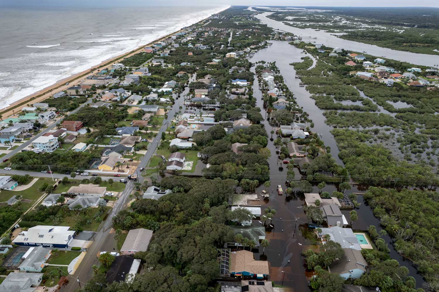 A waterlogged Flagler Beach in the wake of Hurricane Ian Friday, in a drone image. (© AJ Neste for FlaglerLive)