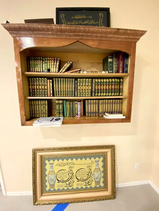 Copies of the Quran shelved in the men’s wing of the Islamic Center of Palm Coast. (© FlaglerLive)