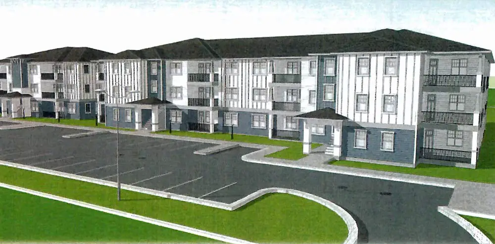 A rendering of one of the two Legacy Pointe apartment buildings. 