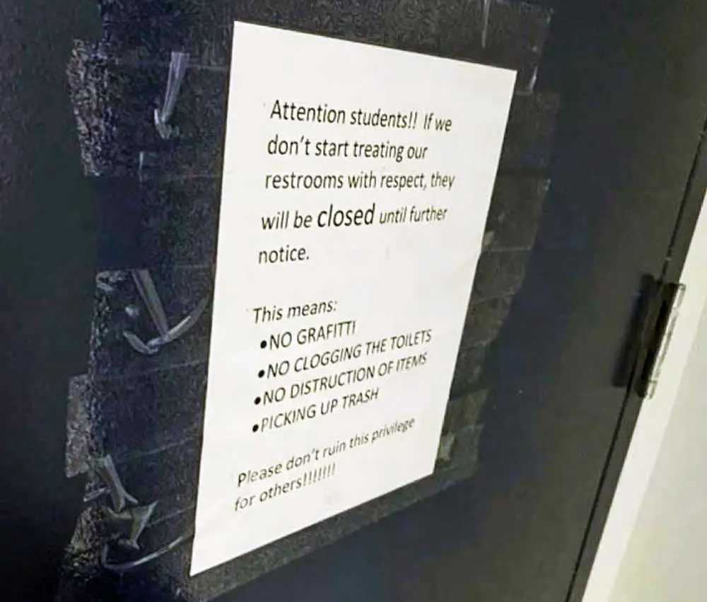 The sign posted on the door of a stall in a Matanzas High School bathroom today. 