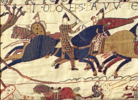A scene from the Bayeux Tapestry depicting Bishop Odo rallying Duke William's army during the Battle of Hastings in 1066. (Wikimedia Commons)