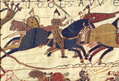 A scene from the Bayeux Tapestry depicting Bishop Odo rallying Duke William's army during the Battle of Hastings in 1066. (Wikimedia Commons)