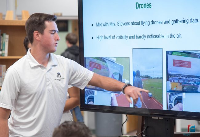 Senior William Patin, one of the six members of the problem-solver team that developed FPC's safety initiative, describing an aspect of the plan. (Flagler Schools)