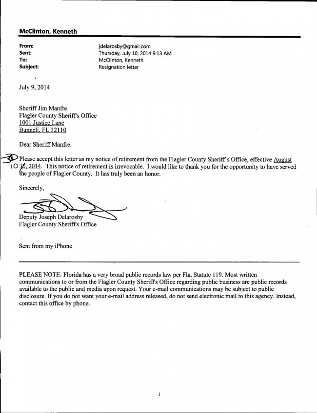 Delarosby's July 10 resignation letter. Click on the image for larger view. 