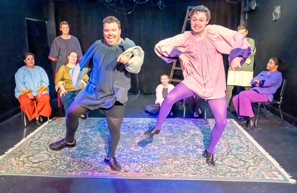 Beau Wade, left, and Ethan Fink get jiggy in “Midsummer Vaudeville,” a scene in City Repertory Theatre’s “RockabillieWillie.” The quirky take on Shakespeare runs May 2-11. (Mike Kitaif)
