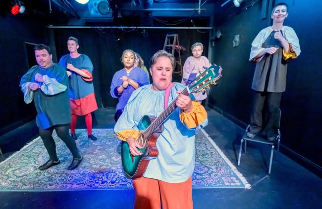 Singer-guitarist Denise Quintana leads the cast of City Repertory Theatre’s “RockabillieWillie” in such Shakespeare-friendly rock ’n’ roll and R&B hits as Johnny Otis’s “Willie and the Hand Jive,” Buddy Holly’s “Oh Boy,” the Monotones’s “Book of Love” and more. Also pictured, from left, are cast members Beau Wade, Trey King, Phillipa Rose, Ethan Fink and Ella Ziel. (Mike Kitaif)