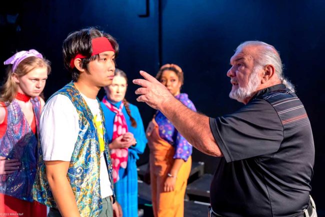 City Repertory Theatre director John Sbordone, right, leads the cast of “Schoolhouse Rock Live! Jr.” through a rehearsal. From left are: Rebecca Davis, Nick Sok, Junine Johnson and Phillipa Rose. (Mike Kitaif)