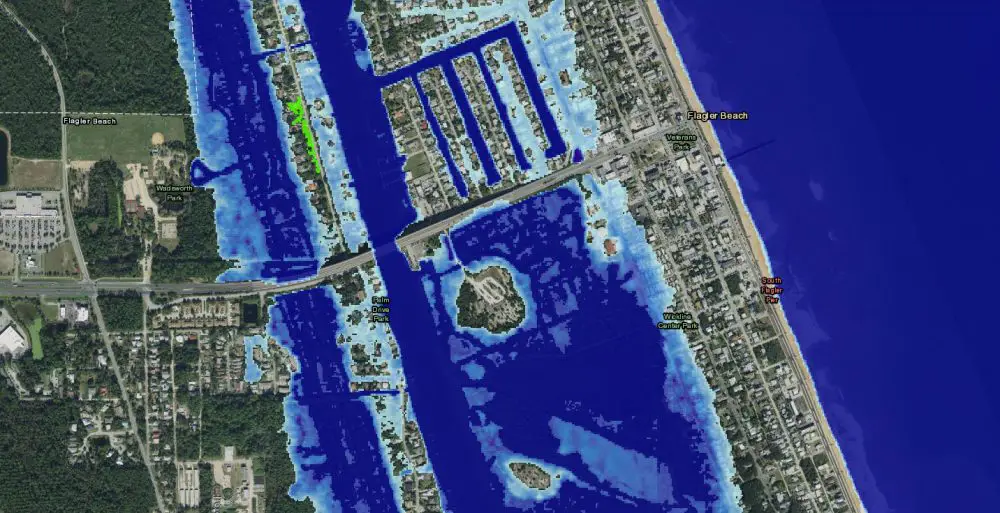 Water encroachment on the barrier island and surrounding areas if seas were to rise 3 feet. See NOAA's simulator here. 