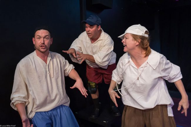 From left: Bruce Popielarski, Beau Wade and Bethany Stillion spoof the Bard in City Repertory Theatre’s production of “The Complete Works of William Shakespeare (Abridged).” While this photo was taken during rehearsals at City Rep’s black box theater, performances will be presented outdoors at the Palm Coast Arts Foundation pavilion. Photo by Mike Kitaif