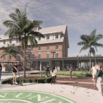 The new four-story residence hall is set to open in 2026 in the heart of campus with an amphitheater, green spaces and more gathering places for students. (Stetson)