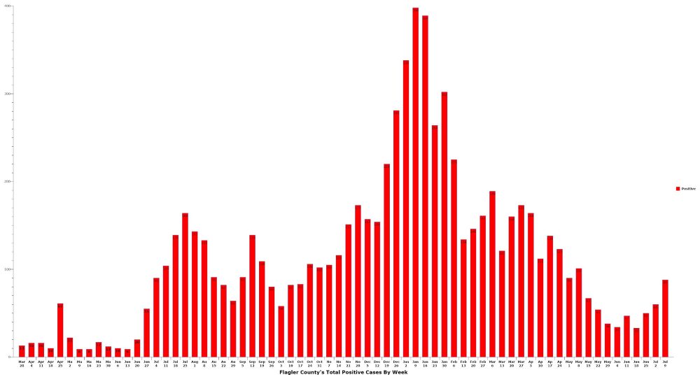 Flagler County's weekly positive covid caseload has been on the rise again as the Delta variant affects more people, most of them unvaccinated. Click on the graph for larger view. (© FlaglerLive)