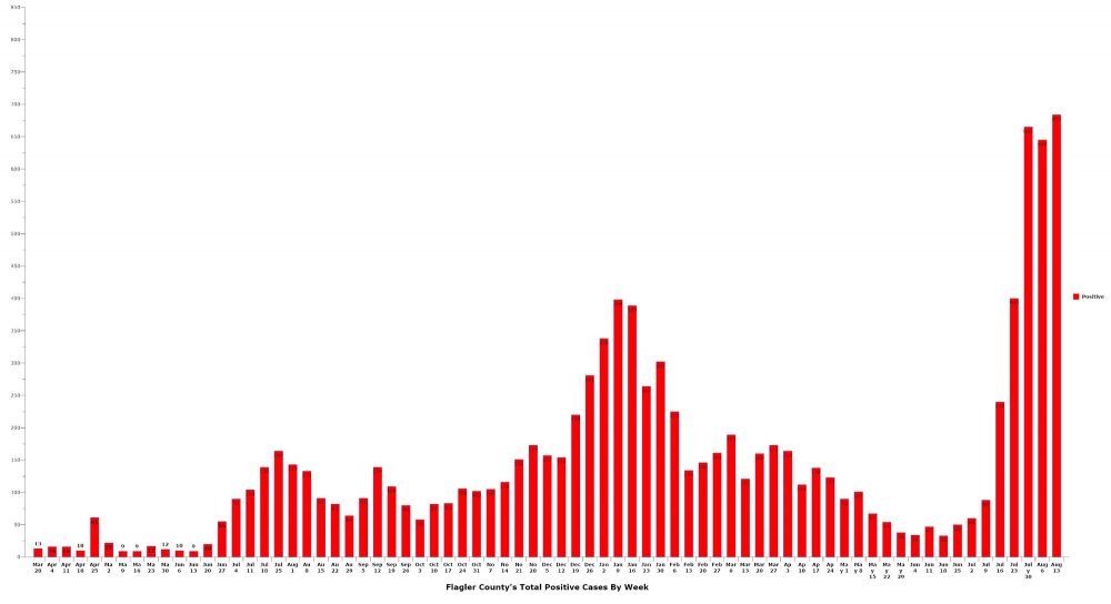 The last week's total include six of the seven days' reporting, and reflect 584 confirmed cases and an estimated 100 additional cases based on the seven-day average. (© FlaglerLive)