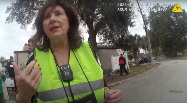 Trudy Perez-Poveda, shown in police body camera footage, talks to a police officer outside A Woman’s Choice in December 2021. Credit: Jacksonville Sheriff’s Office body camera footage