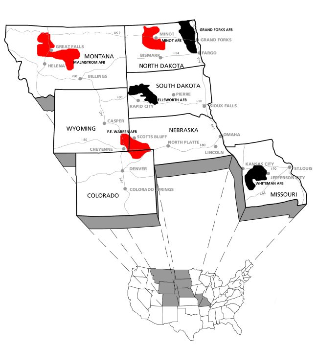 The red missile fields are active. The black ones have been deactivated. (NPS)