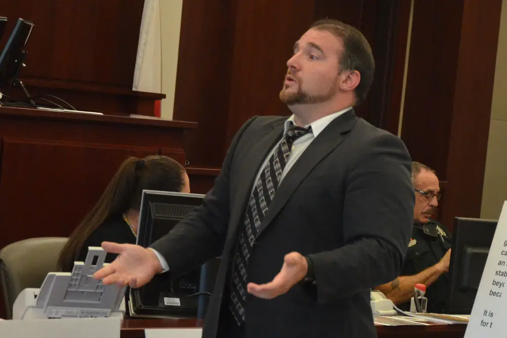 Daytona Beach attorney Aaron Delgado arguing a case in circuit court in Flagler in 2017.  (© FlaglerLive)